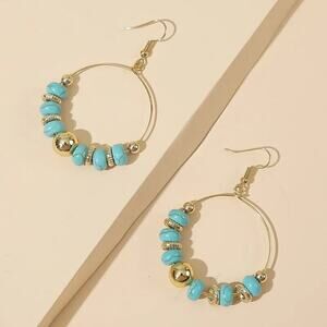 Blue‎ Geometric Beaded Turquoise Stone Earrings Boho Hook Hoop Open Gold Tone